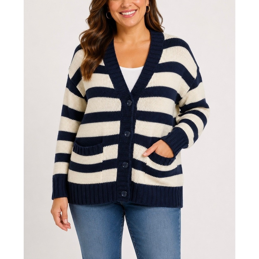 LuLaRoe Lucille Cardigan Women Medium M Navy Blue White Striped Knit Sweater NWT